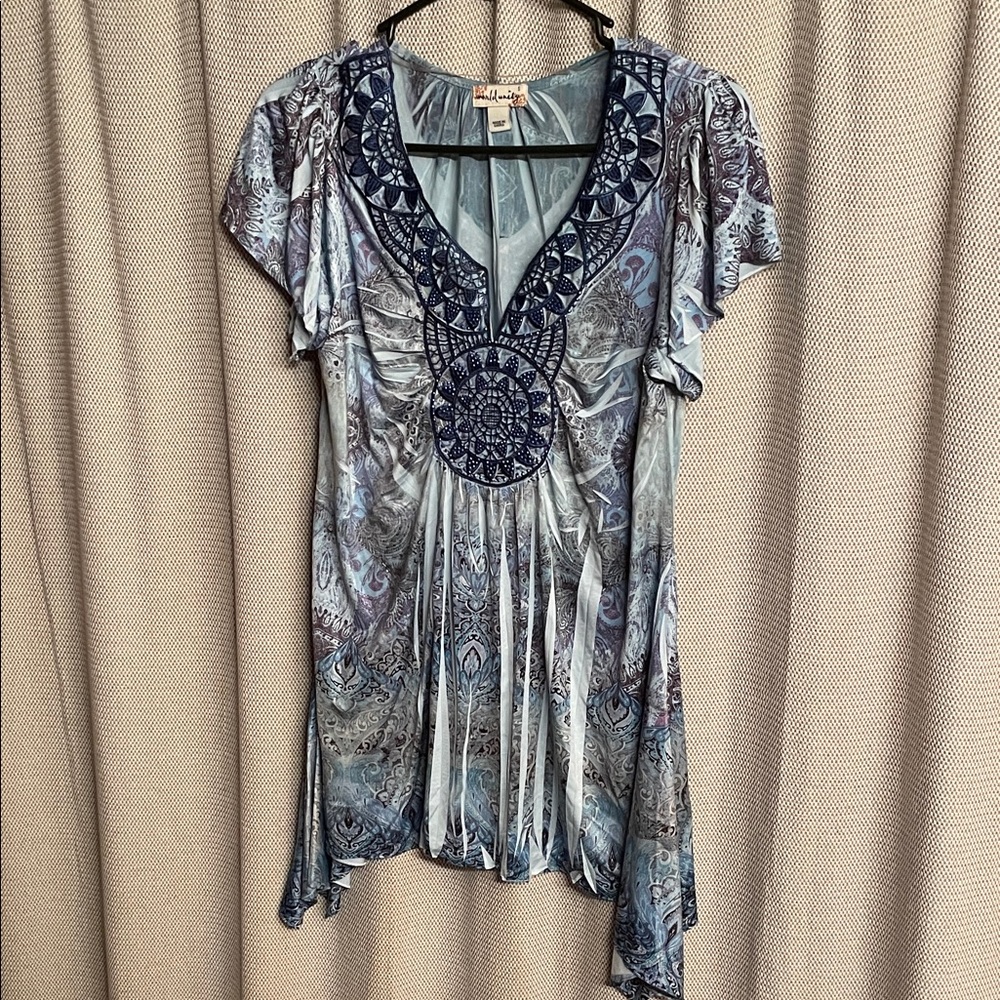 Paisley V-Neck Flutter Sleeve Tunic with Embroidered Medallion - Blue